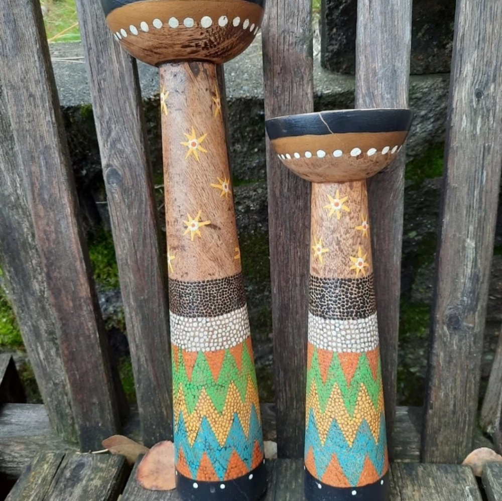 Lot 2 upcycled wooden MCM candlesticks handpainted Folk Art